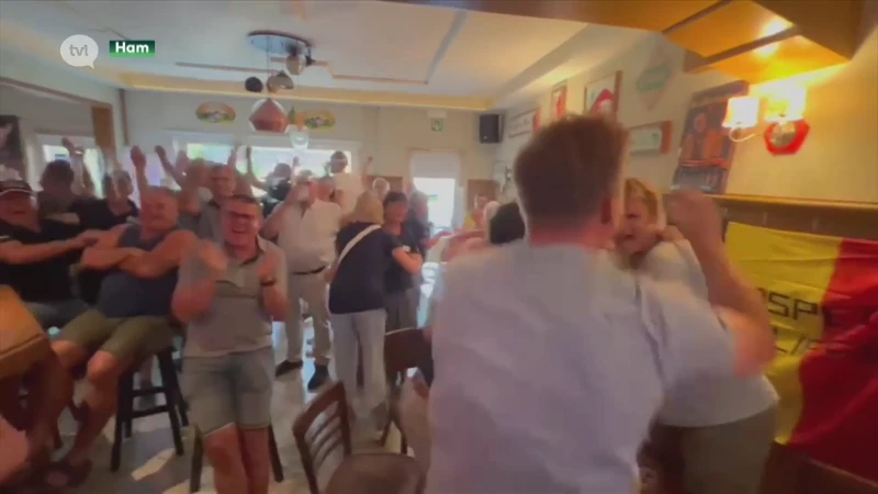 Feest in café Het Dorp in Ham na zege Jasper Philipsen in Parijs