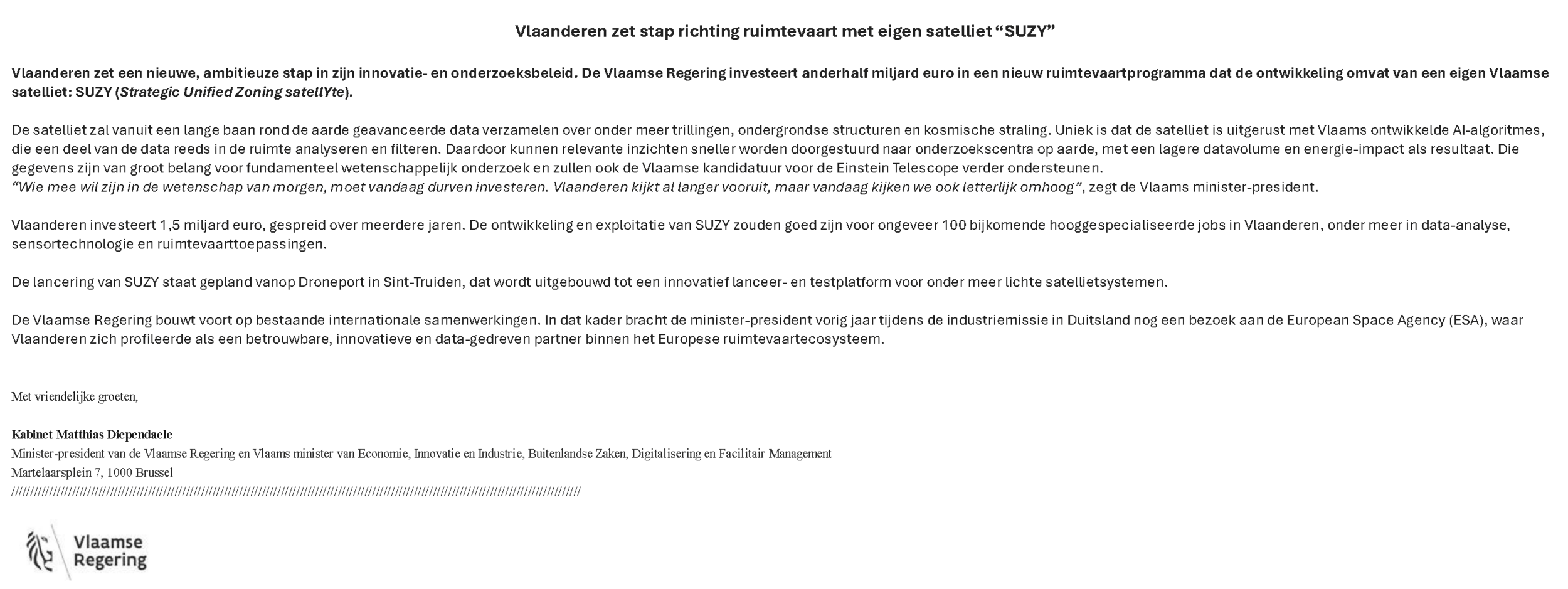 Het persbericht van de Vlaamse Regering.&nbsp;